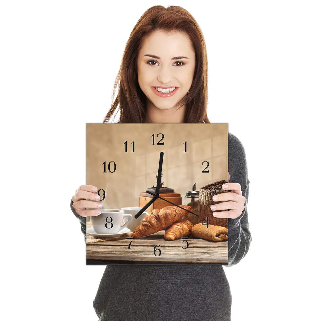 Wanduhr Aus Glas Mit Motiv Gebäck Und Kaffee - Quadratisch Breite 30 Cm, Höhe 30 Cm Und Quarzuhrwerk 5 Wanduhr Aus Glas Mit Motiv Gebäck Und Kaffee - Quadratisch Breite 30 Cm, Höhe 30 Cm Und Quarzuhrwerk – Bild 3