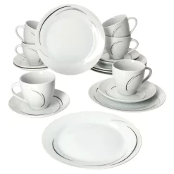 Van Well 18tlg. Kaffee-Service Home Für 6 Personen I 6x Tasse 180ml, 6x Untertasse + 6x Kuchenteller I Porzellan-Geschirr Mit Streifen In Grau, Schwarz & Creme I Kaffeepott, Dessert-Teller