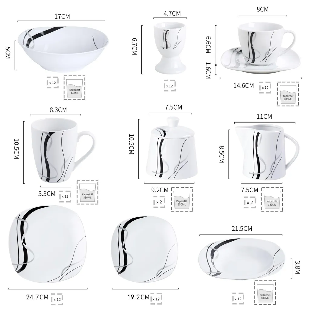 VEWEET, Serie 'Fiona', 100-teilig Porzellan Tafelservice Set, Kombiservice Mit Dessertteller, Speiseteller, Suppenteller, Müslischalen, Kaffeebecher, Kaffeetassen Set, Eierbecher, Milch- Und Zuckerset 4 VEWEET, Serie 'Fiona', 100-teilig Porzellan Tafelservice Set, Kombiservice Mit Dessertteller, Speiseteller, Suppenteller, Müslischalen, Kaffeebecher, Kaffeetassen Set, Eierbecher, Milch- Und Zuckerset – Bild 2