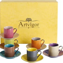 Artvigor, Porzellan Kaffeeservice, Bunt 12 Teilig Kaffee Set, Mit 6 Espressotassen 80 Ml, 6 Untertassen, Mehrfarbig