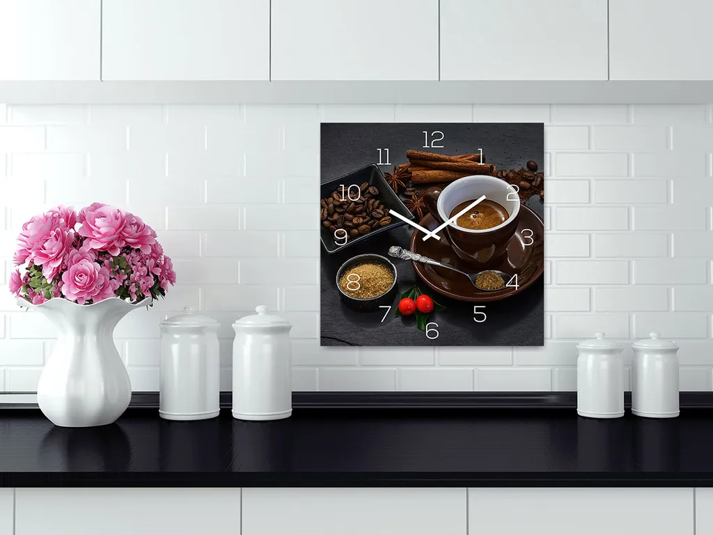 Wanduhr Glas 30x30cm Kaffee Braun Glasuhr Uhr Glasbild Küche Deko Coffee Cafe 4 Wanduhr Glas 30x30cm Kaffee Braun Glasuhr Uhr Glasbild Küche Deko Coffee Cafe – Bild 2