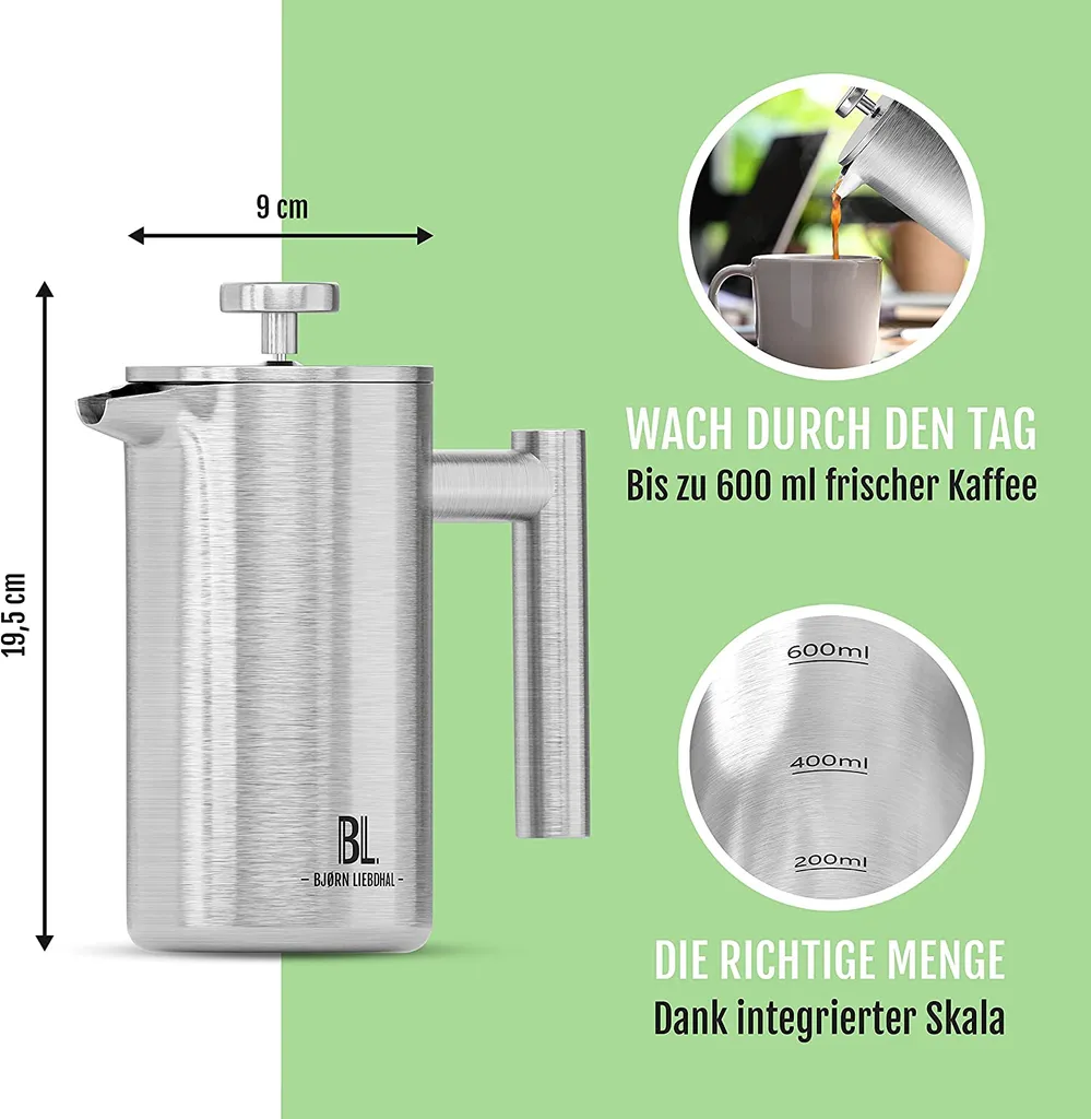 Bjørn Liebdhal French Press Edelstahl Kaffeemaschine Auch Für Camping : 0.6 Liter 7 Bjørn Liebdhal French Press Edelstahl Kaffeemaschine Auch Für Camping : 0.6 Liter – Bild 5