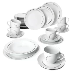 Mambo-Cat Kaffee-Tasse Porzellan-Becher Geschirr-Set SchÃ¼ssel Bowl-Schale Tafel-ZubehÃ¶r Suppen-SchÃ¤lchen Speise-Teller KÃ¤se-Wurst Ess-Platte FrÃ¼hstÃ¼cks-Buffet Brunch Kuchen-Dessert Home Streifen-Grau Schwarz-Creme Kombi-Service Sechs-Personen