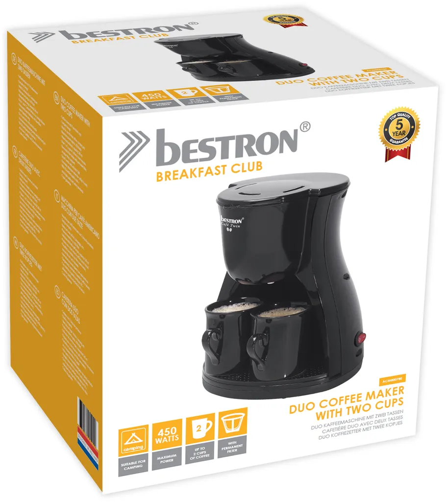Bestron Duo-Kaffeemaschine Inkl. 2 Tassen, Für Gemahlenen Filterkaffee, 450 Watt, Schwarz 4 Bestron Duo-Kaffeemaschine Inkl. 2 Tassen, Für Gemahlenen Filterkaffee, 450 Watt, Schwarz – Bild 2