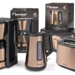 Bestron Filter-Kaffeemaschine Für 8 Tassen Kaffee, Inkl. 1L Thermokanne + Toaster Mit 2 Röstkammern + Wasserkocher Mit 360° Basis, Vorteilspaket Der Copper Collection, Farbe: Kupfer