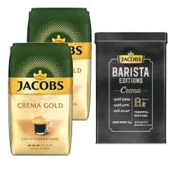 JACOBS Kaffeebohnen ExpertenrÃ¶stung Crema Gold 2 X 1 Kg Ganze Kaffee Bohnen + 1 Aluminium Dose Barista Design