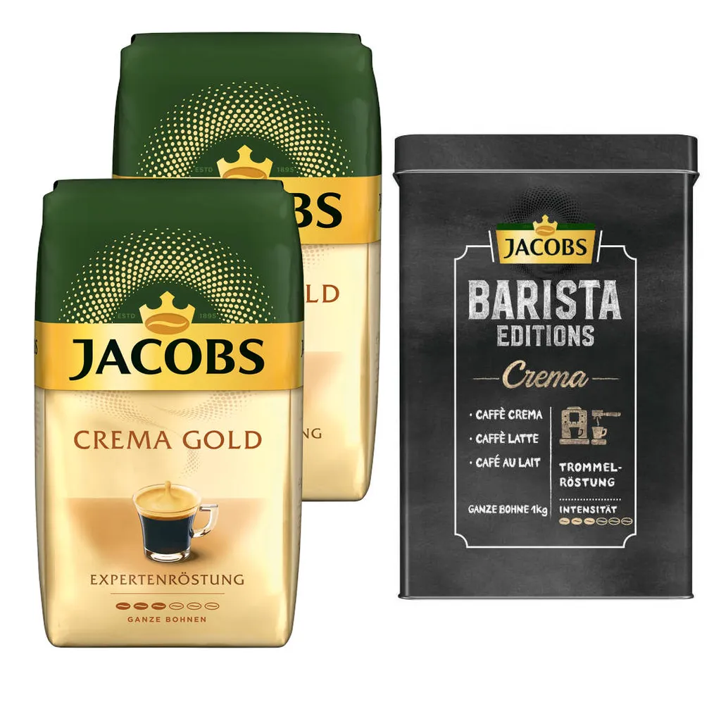 JACOBS Kaffeebohnen Expertenröstung Crema Gold 2 X 1 Kg Ganze Kaffee Bohnen + 1 Aluminium Dose Barista Design 3 JACOBS Kaffeebohnen Expertenröstung Crema Gold 2 X 1 Kg Ganze Kaffee Bohnen + 1 Aluminium Dose Barista Design