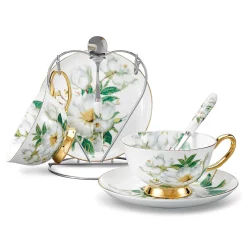 Panbado Kaffeeservice Set Aus Premium Bone China Porzellan, Beinhaltet 2 Kaffeetassen, 2 Untertassen, 2 LÃ¶ffel, 1-tlg MetallstÃ¤nder