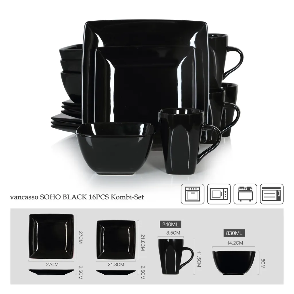 Vancasso Tafelservice »SOHO« 16-tlg. Porzellan Teller Set, Kombiservice Tafelset Mit Kaffeetassen, Müslischalen, Schwarz 3 Vancasso Tafelservice »SOHO« 16-tlg. Porzellan Teller Set, Kombiservice Tafelset Mit Kaffeetassen, Müslischalen, Schwarz – Bild 2
