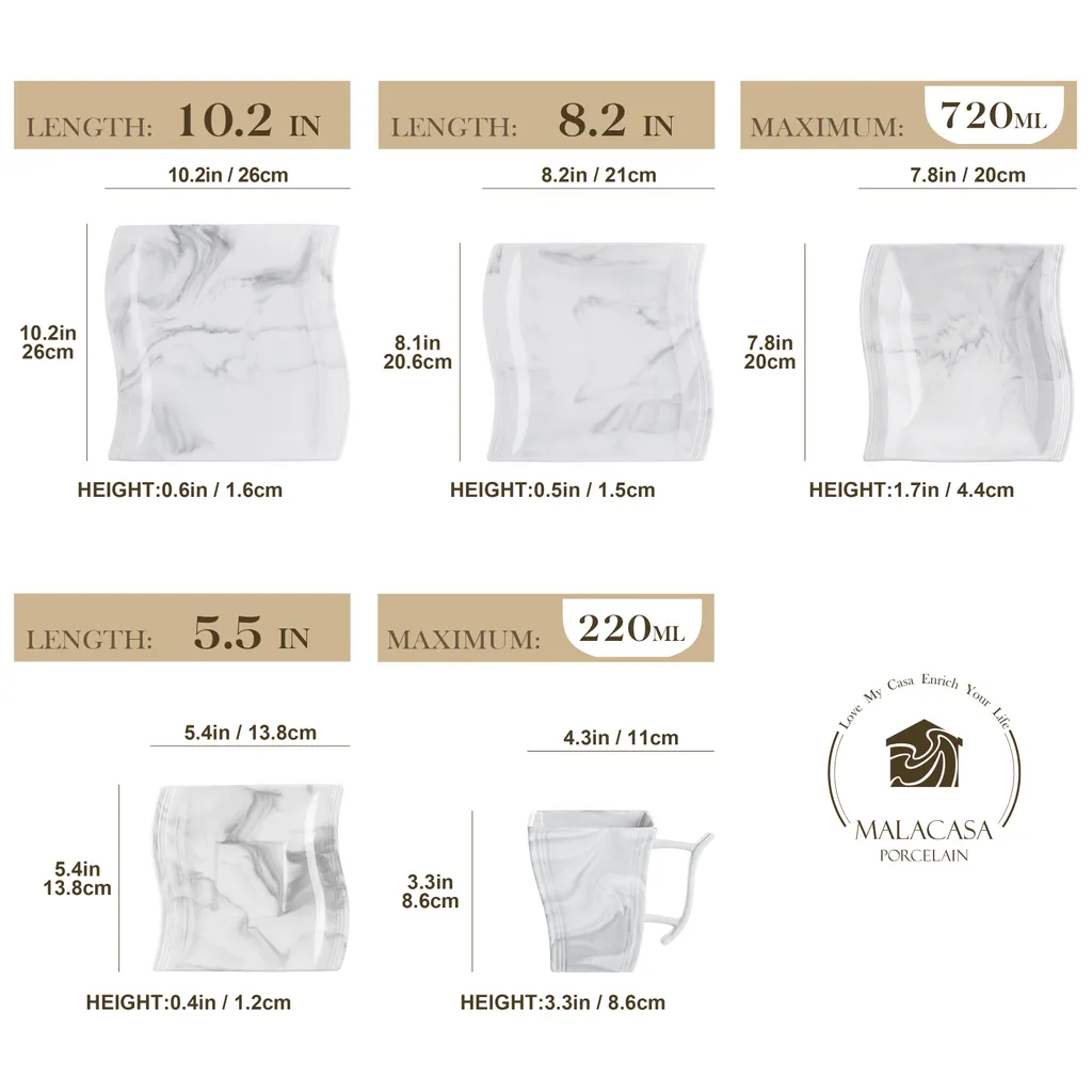 MALACASA, Serie Flora, 30 Tlg. Marmor Porzellan Geschirrset Kombiservice Tafelservice Mit Je 6 Kaffeetassen, 6 Untertassen, 6 Dessertteller, 6 Suppenteller Und 6 Flachteller 4 MALACASA, Serie Flora, 30 Tlg. Marmor Porzellan Geschirrset Kombiservice Tafelservice Mit Je 6 Kaffeetassen, 6 Untertassen, 6 Dessertteller, 6 Suppenteller Und 6 Flachteller – Bild 2