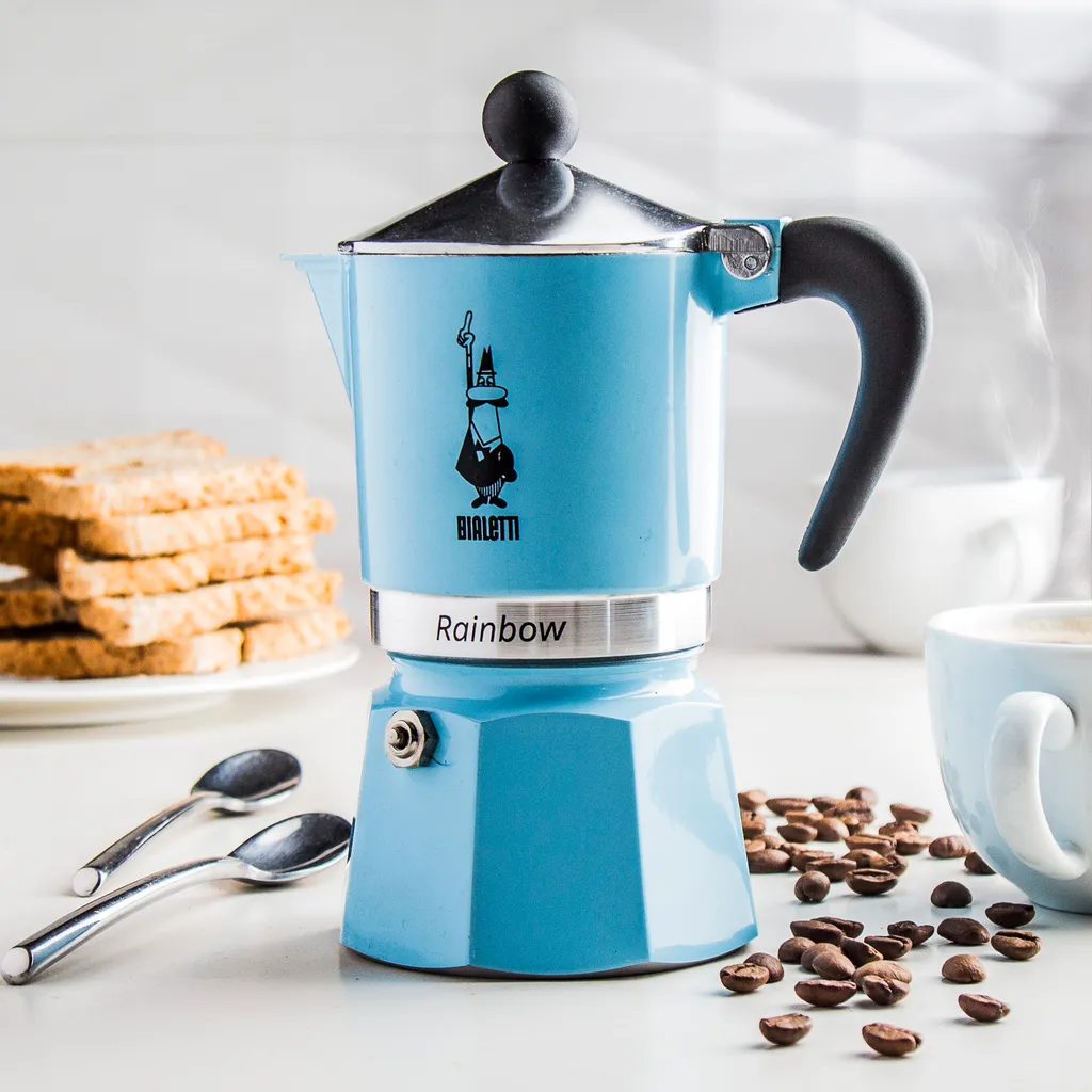 Bialetti Rainbow, Italienische Espresso-Kaffeemaschine, Aluminium, 3 Tassen, Blau 6 Bialetti Rainbow, Italienische Espresso-Kaffeemaschine, Aluminium, 3 Tassen, Blau – Bild 4