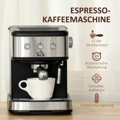 HOMCOM Espressomaschine Kaffeemaschine Aus Edelstahl SiebtrÃ¤germaschine Mit MilchschÃ¤umer 1,5L Wassertank 15 Bar FÃ¼r Espresso Cappuccino Latte Milchkaffee 850 W -Kaffee VerkÃ¤ufe fb6419838dfd6ba67ba6df6552d28350