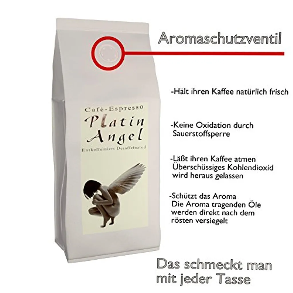 Espresso / Cafe - Kaffeebohnen Entkoffeiniert "Platin Angel" (Ganze Bohnen,1000 G) 4 Espresso / Cafe - Kaffeebohnen Entkoffeiniert "Platin Angel" (Ganze Bohnen,1000 G) – Bild 2